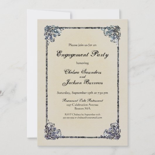 Blue  Decorative Border Engagement Party Kaart (Voorkant)