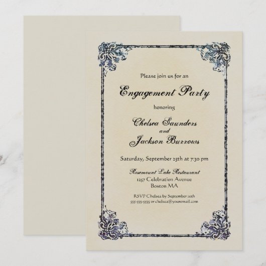 Blue  Decorative Border Engagement Party Kaart (Voorkant / Achterkant)