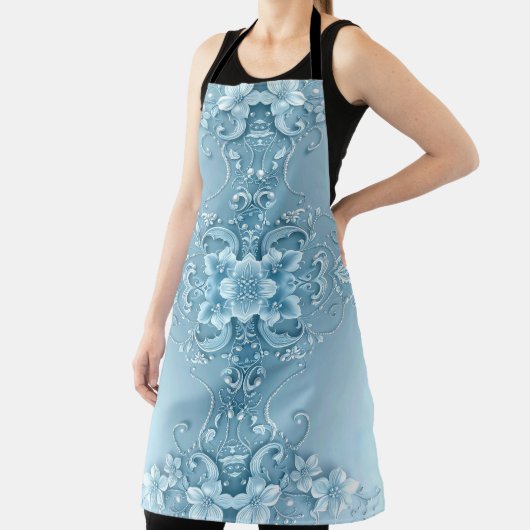 Blue Decorative Floral Apron Schort (Insitu)
