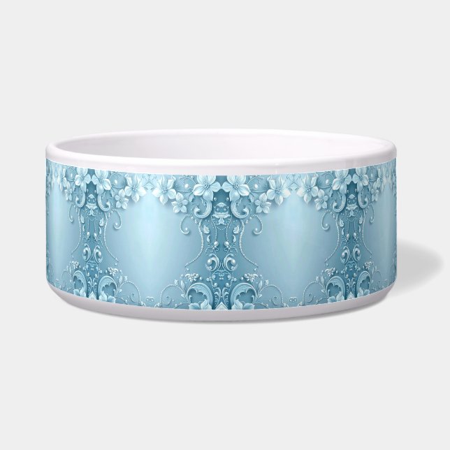 Blue Decorative Floral Ceramic Pet Bowl Voerbakje (Voorkant)