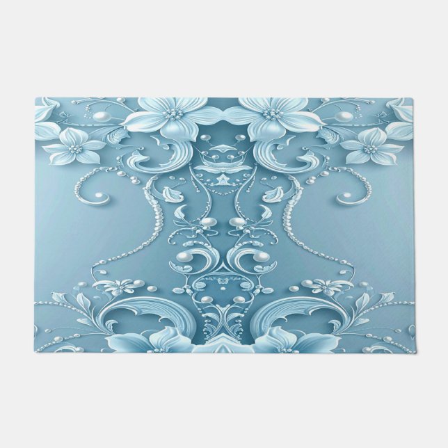 Blue Decorative Floral Doormat Deurmat (Voorkant)