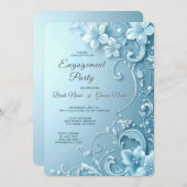 Blue Decorative Floral Engagement Invitation Kaart (Voorkant / Achterkant)