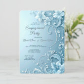 Blue Decorative Floral Engagement Invitation Kaart (Staand voorkant)