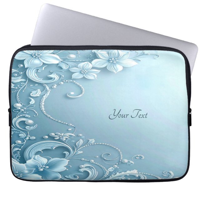 Blue Decorative Floral Laptop Sleeve (Voorkant)