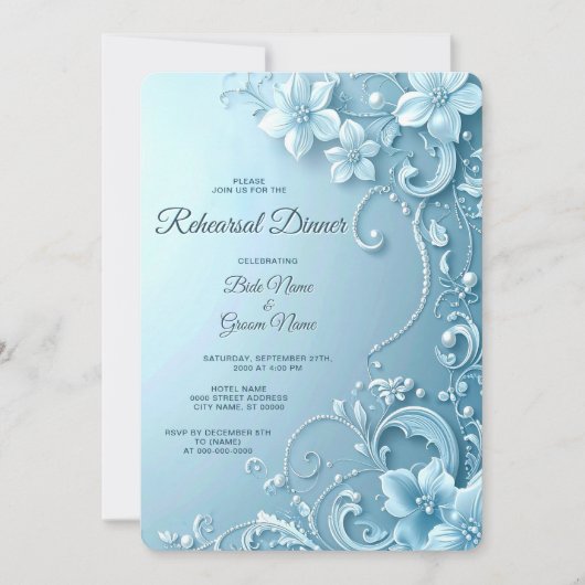 Blue Decorative Floral Rehearsal Dinner Kaart (Voorkant)