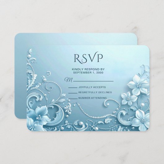 Blue Decorative Floral RSVP Card (Voorkant / Achterkant)