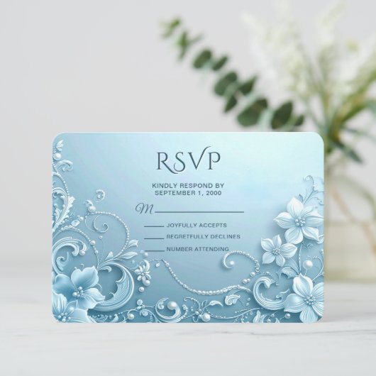 Blue Decorative Floral RSVP Card (Staand voorkant)