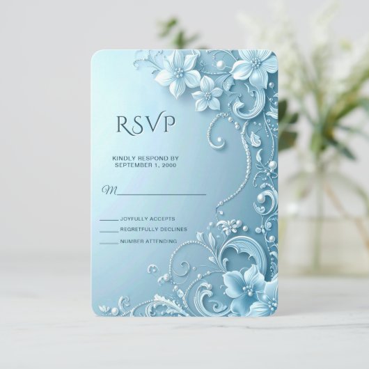 Blue Decorative Floral RSVP Card (Staand voorkant)