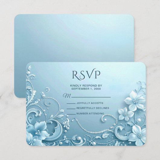 Blue Decorative Floral RSVP Card Kaartje (Voorkant / Achterkant)