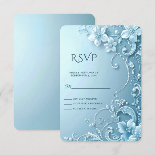 Blue Decorative Floral RSVP Card Kaartje (Voorkant / Achterkant)