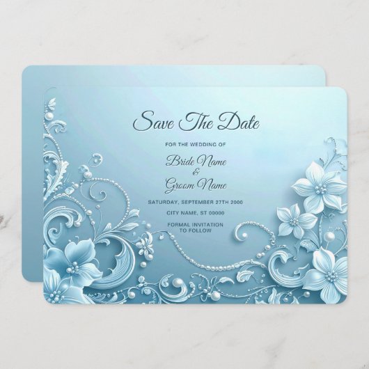 Blue Decorative Floral Save The Date (Voorkant / Achterkant)