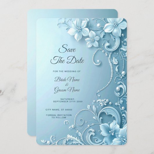 Blue Decorative Floral Save the Date (Voorkant / Achterkant)