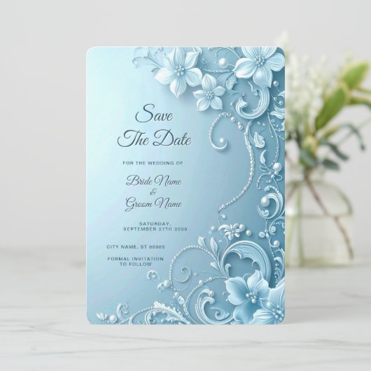 Blue Decorative Floral Save the Date (Staand voorkant)