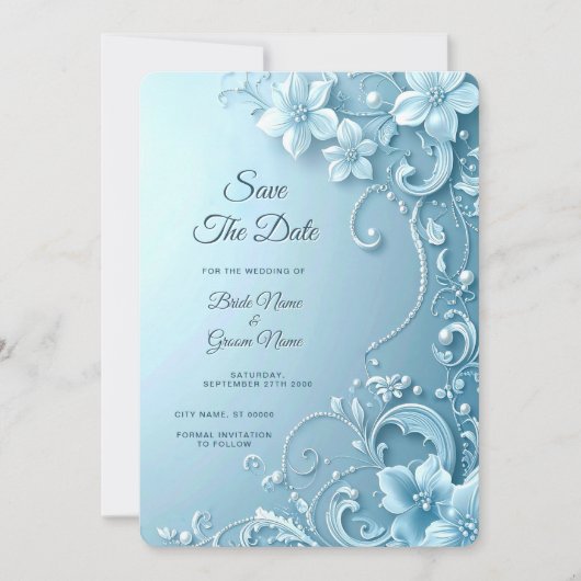 Blue Decorative Floral Save the Date (Voorkant)