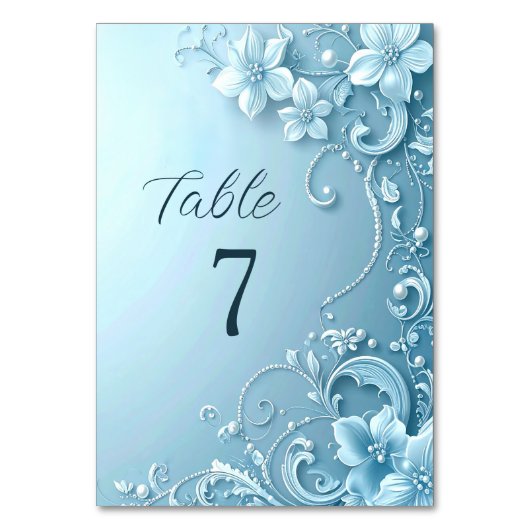 Blue Decorative Floral Table Number Kaart (Voorkant)