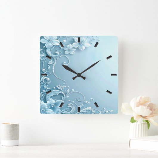Blue Decorative Floral Wall Clock Vierkante Klok (Huis)