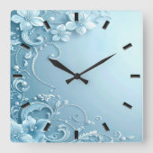 Blue Decorative Floral Wall Clock Vierkante Klok (Voorkant)