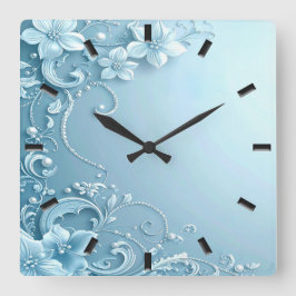 Blue Decorative Floral Wall Clock Vierkante Klok