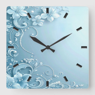Blue Decorative Floral Wall Clock Vierkante Klok
