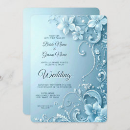 Blue Decorative Floral Wedding Invitation Kaart