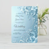 Blue Decorative Floral Wedding Invitation Kaart (Staand voorkant)
