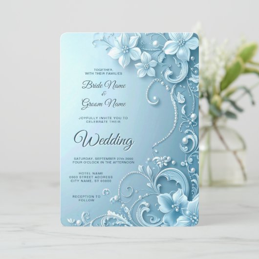 Blue Decorative Floral Wedding Invitation Kaart (Staand voorkant)