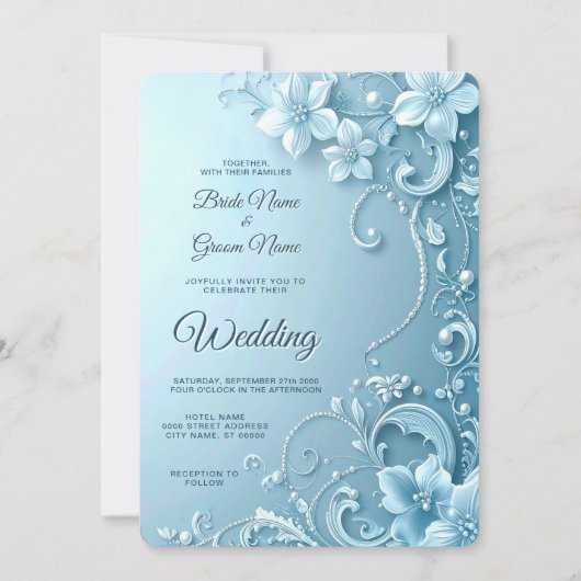 Blue Decorative Floral Wedding Invitation Kaart (Voorkant)
