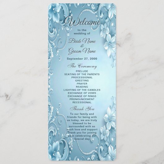 Blue Decorative Floral Wedding Program Programmakaart (Voorkant)