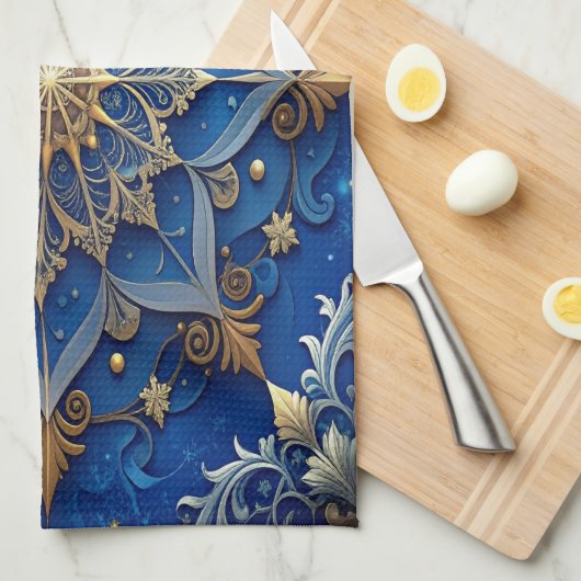 Blue Decorative Holiday Kitchen Towel Theedoek (Quarter Fold)