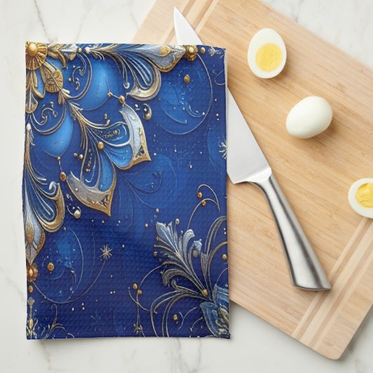 Blue Decorative Holiday Kitchen Towel Theedoek (Quarter Fold)