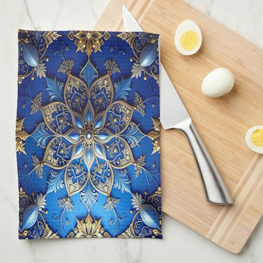 Blue Decorative Holiday Kitchen Towel Theedoek (Quarter Fold)