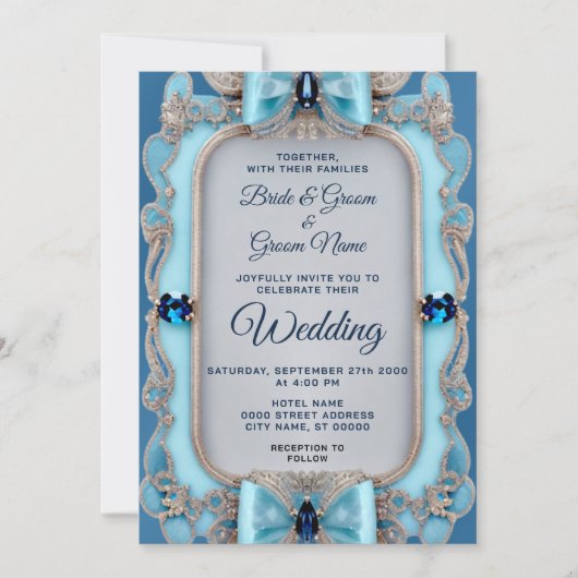 Blue Decorative Lijst Wedding Invitation Kaart (Voorkant)