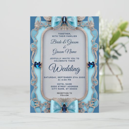 Blue Decorative Lijst Wedding Invitation Kaart (Staand voorkant)