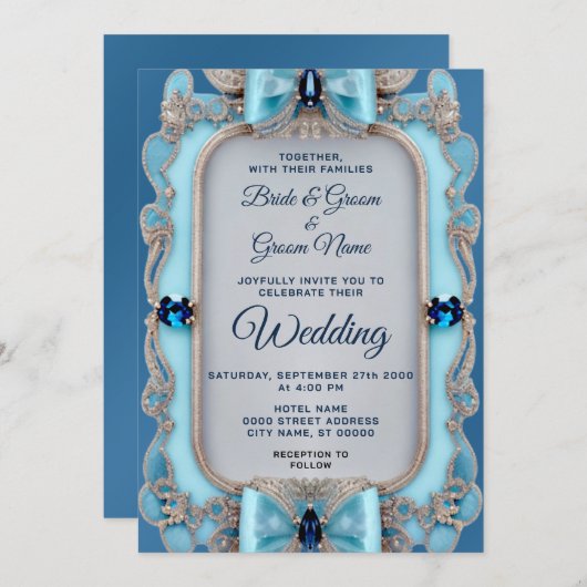 Blue Decorative Lijst Wedding Invitation Kaart (Voorkant / Achterkant)