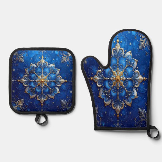 Blue Decorative Ovenwant & Pannenlap Set (Voorkant)