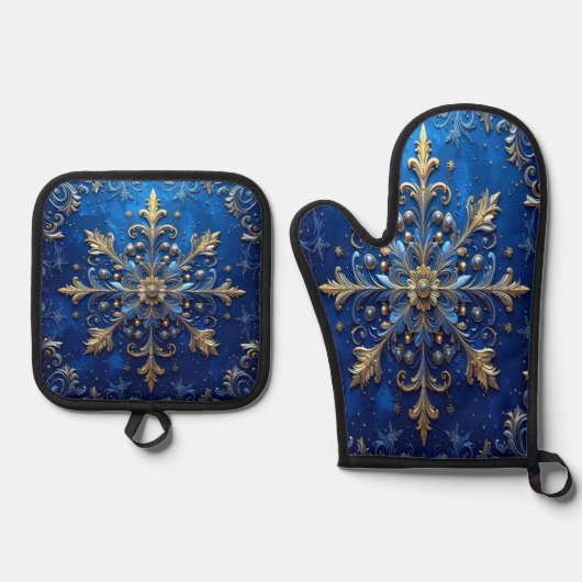 Blue Decorative Ovenwant & Pannenlap Set (Voorkant)