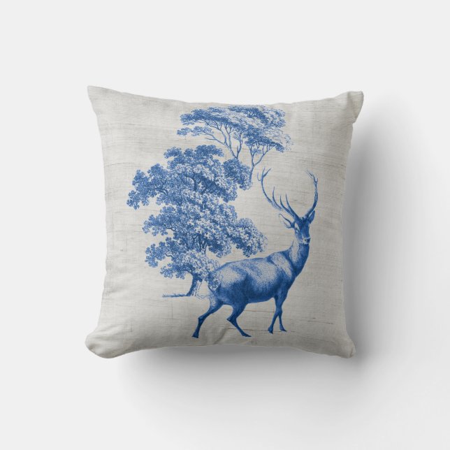 Blue Deer op Grey Canvas Grain Sack Sierkussen (Voorkant)
