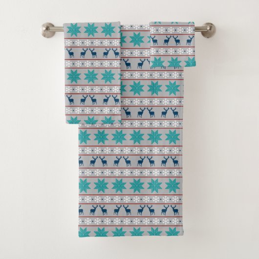 Blue Deer Snowflake Nordic Pattern Bad Handdoek (Insitu)