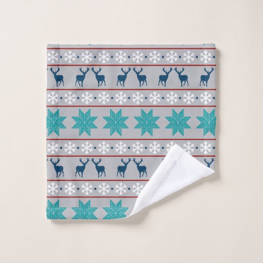 Blue Deer Snowflake Nordic Pattern Bad Handdoek (Wasdoekje)