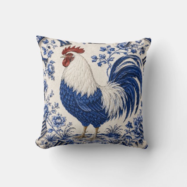Blue Delft Rooster Farmhouse Kussen (Voorkant)