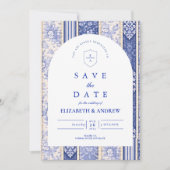 Blue Delft Tile Patchwork Wedding Save The Date (Voorkant)