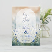 Blue Delicate Romantic Wildflowers Field Wedding Save The Date (Staand voorkant)