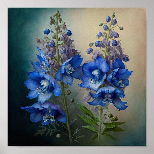 Blue Delphinium Bloemen Art Print Poster (Voorkant)