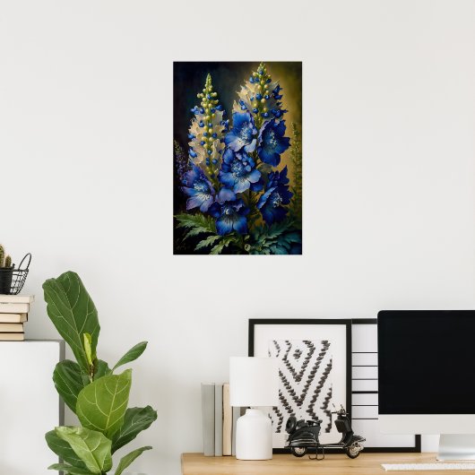 Blue Delphinium Bloemen Art Print Poster (Thuiskantoor)