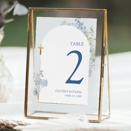 Blue Delphinium Floral Boy Baptism Table Number Kaart