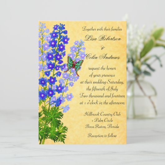 Blue Delphinium Flowers Weddenschap Gold Kaart (Staand voorkant)