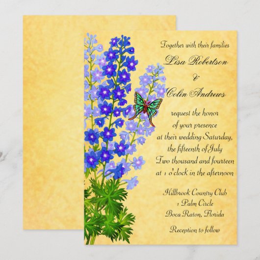 Blue Delphinium Flowers Weddenschap Gold Kaart (Voorkant / Achterkant)
