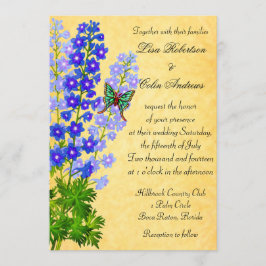 Blue Delphinium Flowers Weddenschap Gold Kaart