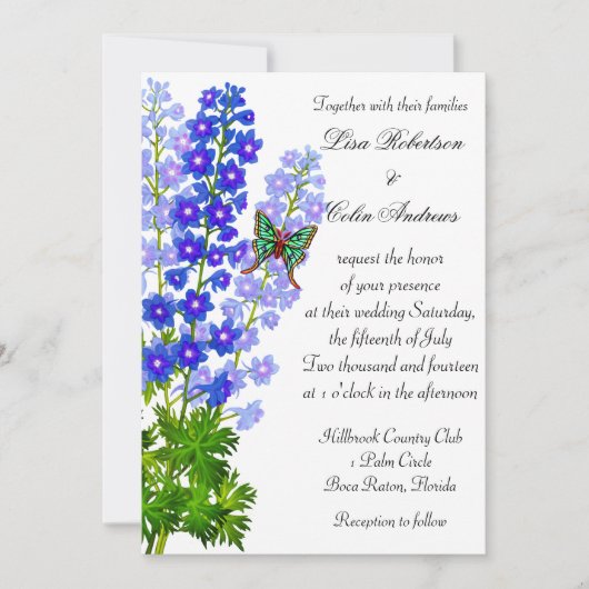 Blue Delphinium Flowers Wedding Invitation Kaart (Voorkant)