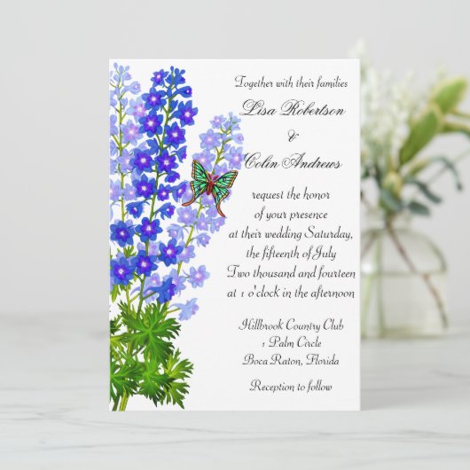 Blue Delphinium Flowers Wedding Invitation Kaart (Staand voorkant)